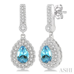 6x4 MM Pear Shape Aquamarine and 1/4 Ctw Round Cut Diamond Earrings in 14K White Gold