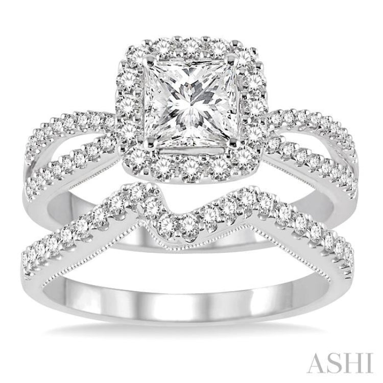 5/8 Ctw Diamond Wedding Set with 1/2 Ctw Princess Cut Engagement Ring and 1/6 Ctw Wedding Band in 14K White Gold