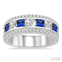 3x3 MM Princess Cut Sapphire and 3/8 Ctw Round Cut Diamond Precious Ring in 14K White Gold