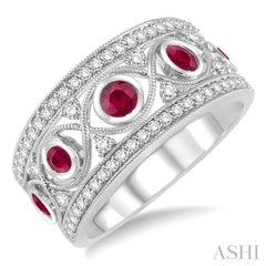 2.6 mm Round Cut Ruby and 1/2 Ctw Round Cut Diamond Precious Band in 14K White Gold