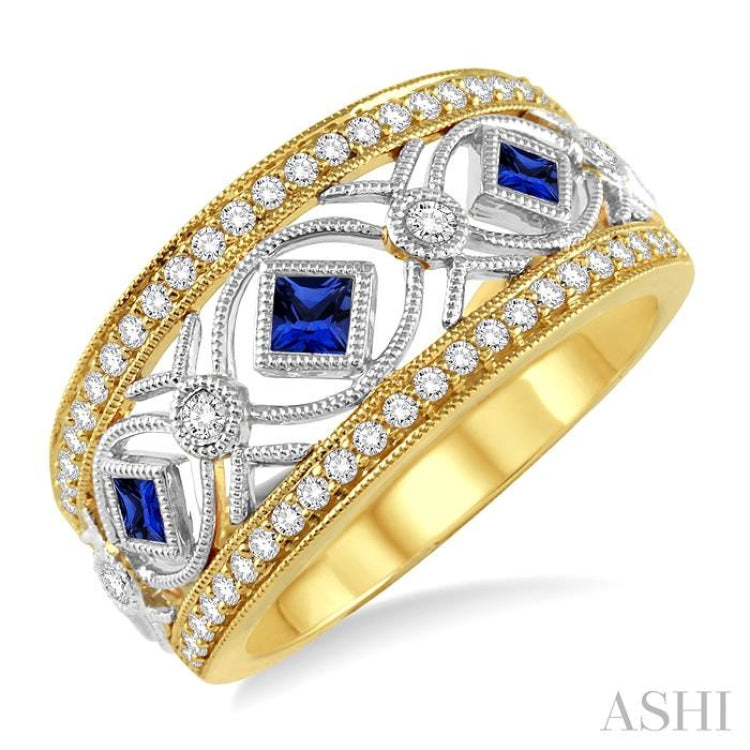 2.3 MM Princess Cut Sapphire and 1/3 Ctw Round Cut Diamond Precious Band in 14K Yellow and White Gold