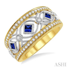 2.3 MM Princess Cut Sapphire and 1/3 Ctw Round Cut Diamond Precious Band in 14K Yellow and White Gold