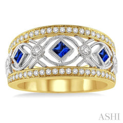 2.3 MM Princess Cut Sapphire and 1/3 Ctw Round Cut Diamond Precious Band in 14K Yellow and White Gold