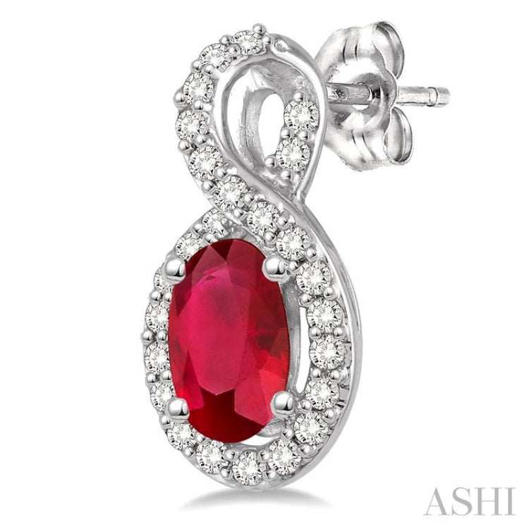 5x3 MM Oval Cut Ruby and 1/5 Ctw Round Cut Diamond Earrings in 10K White Gold