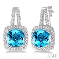 7x7 MM Cushion Shape Blue Topaz and 1/4 Ctw Round Cut Diamond Earrings in 10K White Gold