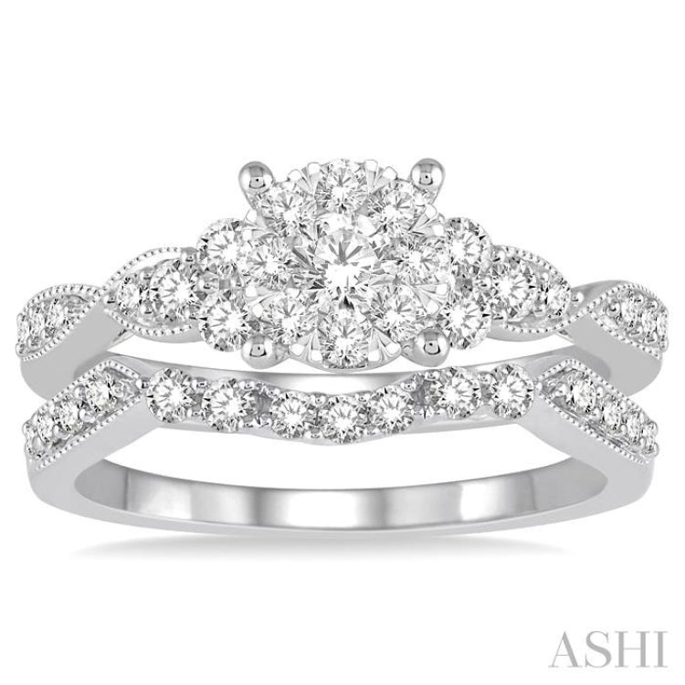 3/4 Ctw Round Cut Diamond Lovebright Wedding Set with 1/2 Ctw Engagement Ring and 1/5 Ctw Wedding Band in 14K White Gold