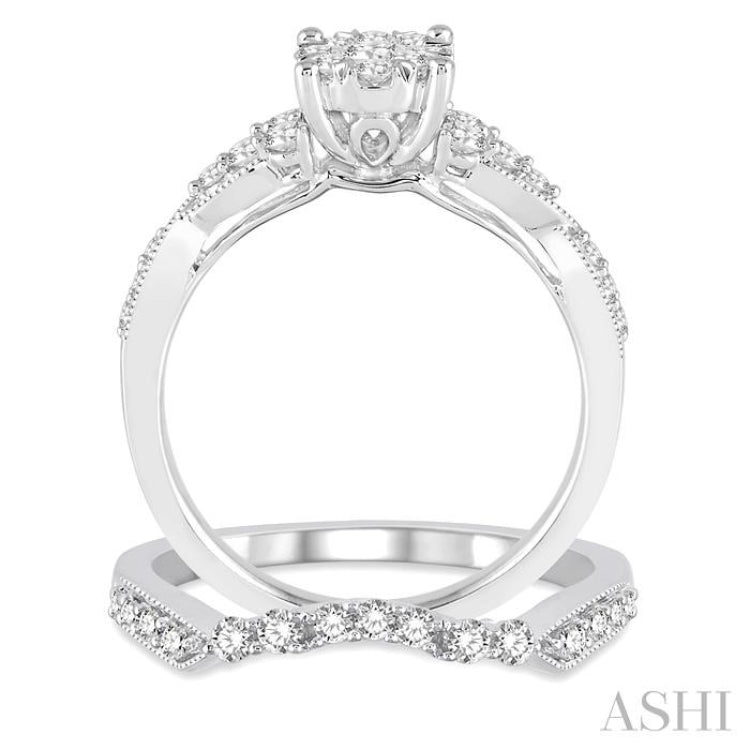 3/4 Ctw Round Cut Diamond Lovebright Wedding Set with 1/2 Ctw Engagement Ring and 1/5 Ctw Wedding Band in 14K White Gold