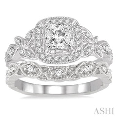 1 Ctw Diamond Bridal Set with 3/4 Ctw Princess Cut Engagement Ring and 1/6 Ctw Wedding Band in 14K White Gold