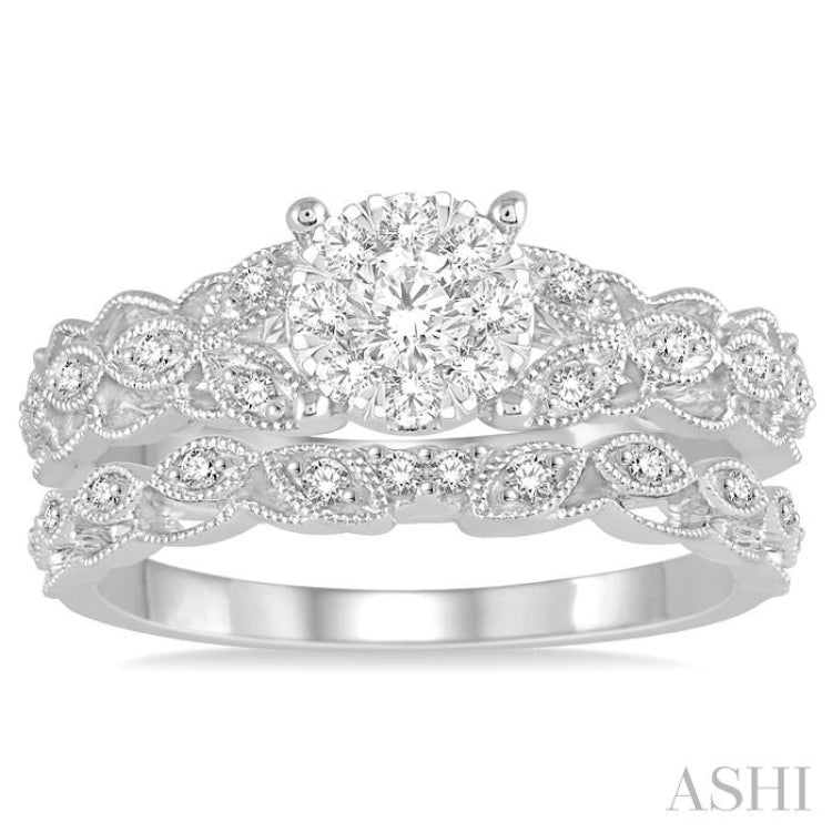 3/8 Ctw Round Cut Diamond Lovebright Bridal Set with 1/3 Ctw Engagement Ring and 1/20 Ctw Wedding Band in 14K White Gold