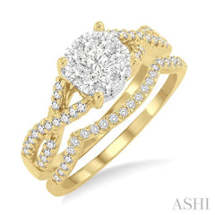 1/2 Ctw Diamond Wedding Set with 1/3 Ctw Lovebright Engagement Ring and 1/10 Ctw Wedding Band in 14K Yellow and White Gold