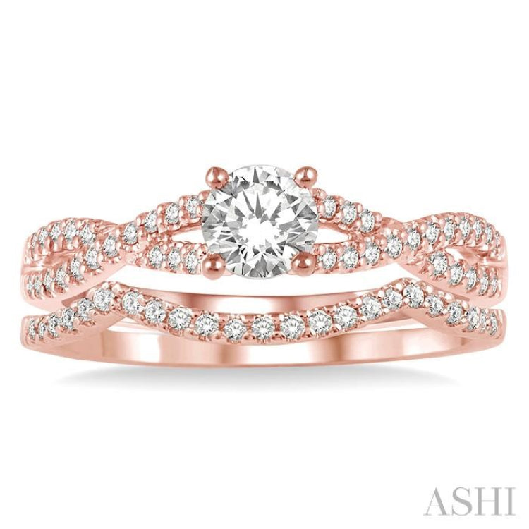 1/2 Ctw Diamond Wedding Set with 3/8 Ctw Round Cut Engagement Ring and 1/10 Ctw Wedding Band in 14K Rose Gold