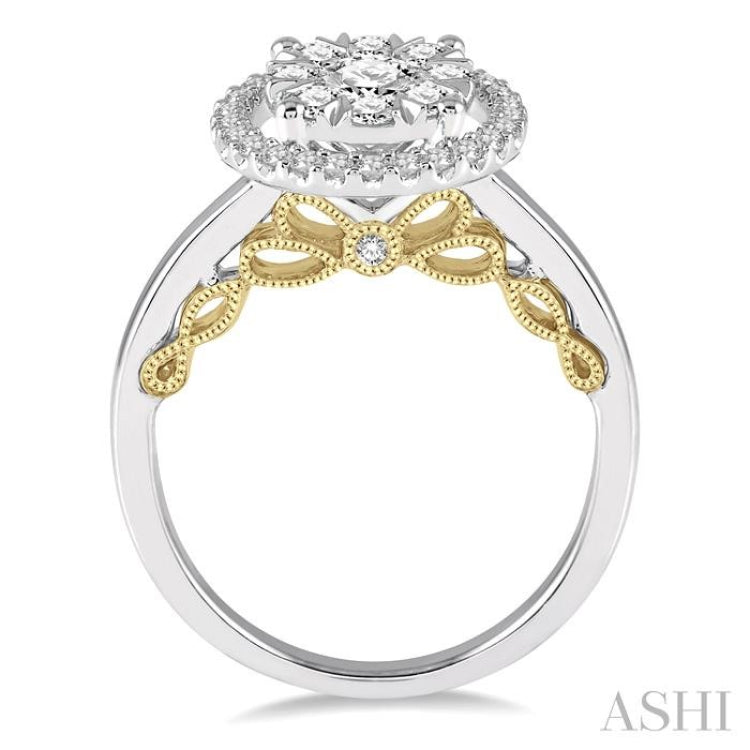 1 Ctw round Diamond Lovebright Solitaire Style Halo Engagement Ring in 14K White and Yellow Gold