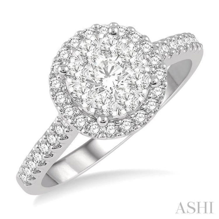 3/4 ctw Round Diamond Lovebright Halo Engagement Ring in 14K White and Yellow Gold