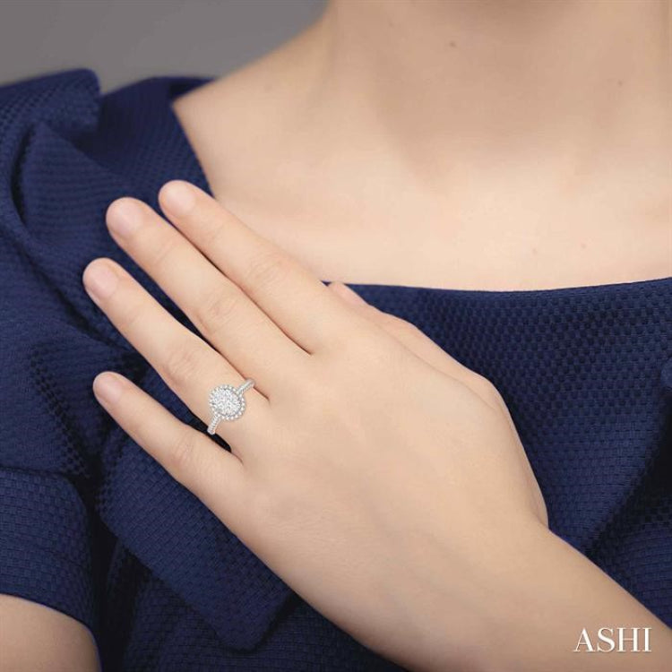 3/4 ctw Round Diamond Lovebright Oval Shape Halo Engagement Ring in 14K White and Yellow Gold