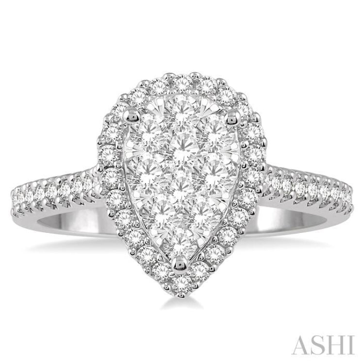3/4 ctw Pear Shape Round Cut Diamond Lovebright Cluster Ring in 14K White and Rose Gold
