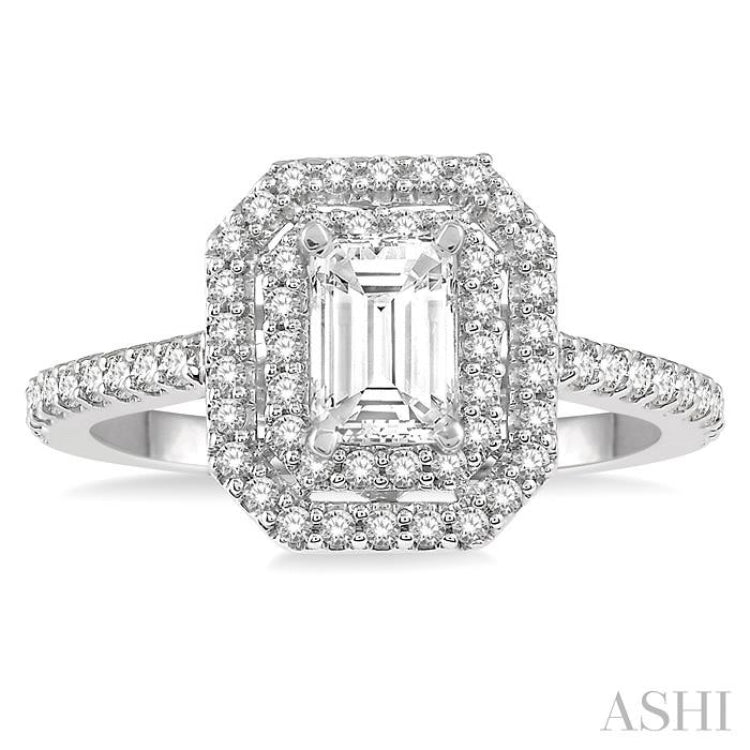 1/2 Ctw Diamond Ladies Engagement Ring with 1/4 Ct Emerald Cut Center Stone in 14K White Gold