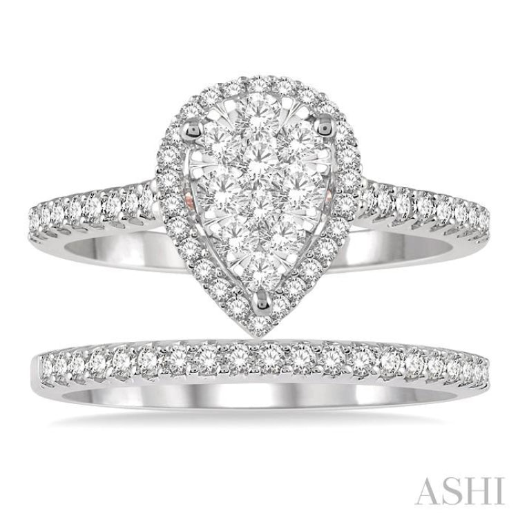 3/4 Ctw Lovebright Diamond Wedding Set With 1/2 Ctw Pear Shape Engagement Ring and 1/5 Ctw Wedding Band in 14K White and Rose Gold