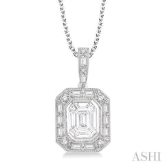 7/8 Ctw Emerald, Baguette & Round Cut Fusion Diamond Pendant in 14K White Gold