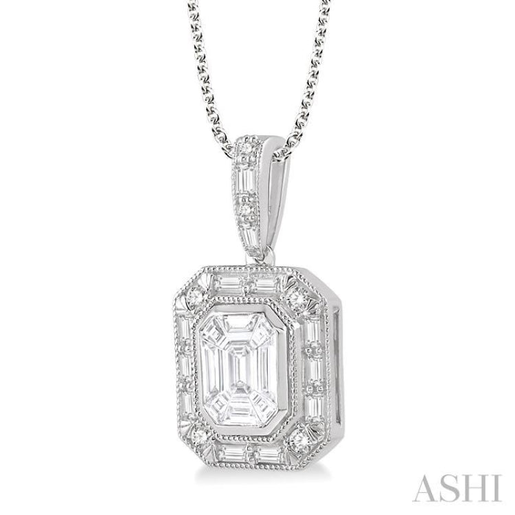 7/8 Ctw Emerald, Baguette & Round Cut Fusion Diamond Pendant in 14K White Gold