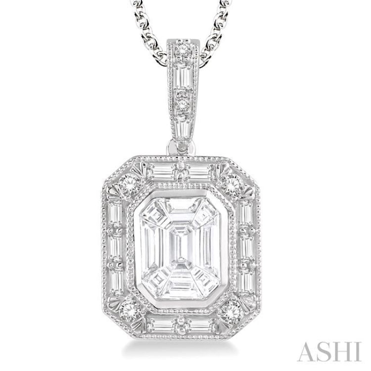 7/8 Ctw Emerald, Baguette & Round Cut Fusion Diamond Pendant in 14K White Gold