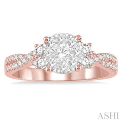 3/4 Ctw Crossed Split Shank Lovebright Diamond Cluster Ring in 14K Rose and White Gold