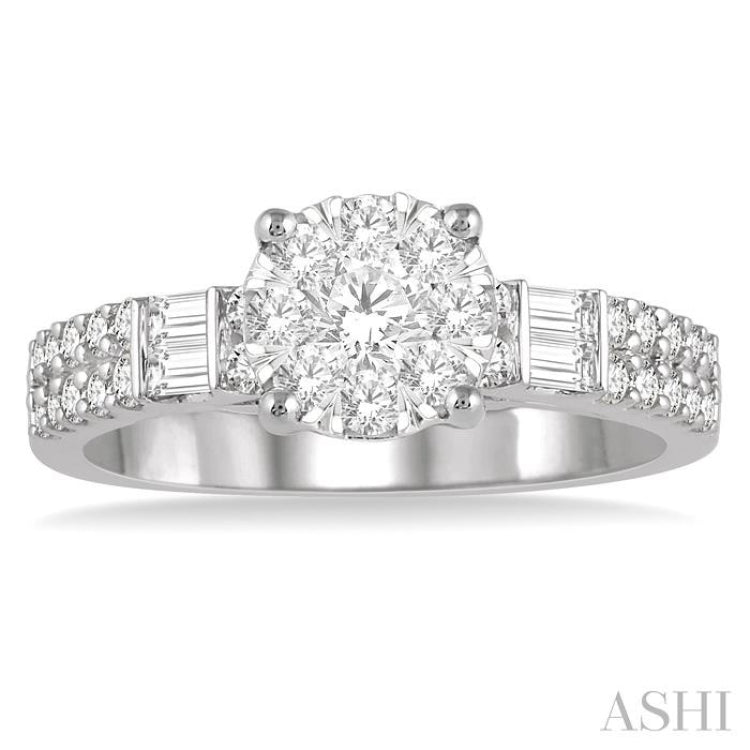 7/8 Ctw Round and Baguette Diamond Lovebright Engagement Ring in 14K White gold