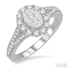 3/4 Ctw Oval Shape Lovebright Diamond Cluster Ring in 14K White Gold