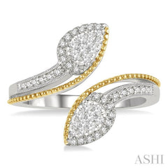 1/3 ctw Pear Shape Open End Split Shank Lovebright Round Cut Diamond Ring in 14K White and Yellow Gold