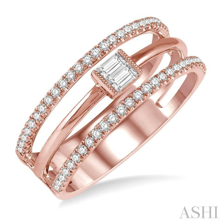 1/3 ctw Three Row Layered Baguette & Round  Diamond Fashion Ring in 14K Rose Gold