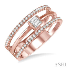 1/3 ctw Three Row Layered Baguette & Round  Diamond Fashion Ring in 14K Rose Gold