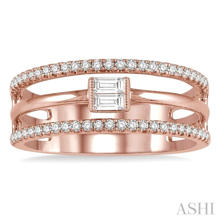 1/3 ctw Three Row Layered Baguette & Round  Diamond Fashion Ring in 14K Rose Gold