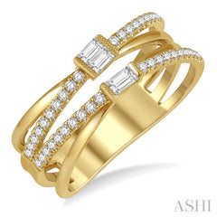 3/8 ctw Cris-Cross Baguette and Round Diamond Fashion Ring in 14K Yellow Gold