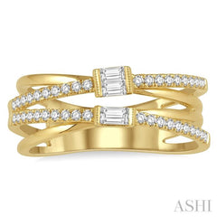 3/8 ctw Cris-Cross Baguette and Round Diamond Fashion Ring in 14K Yellow Gold