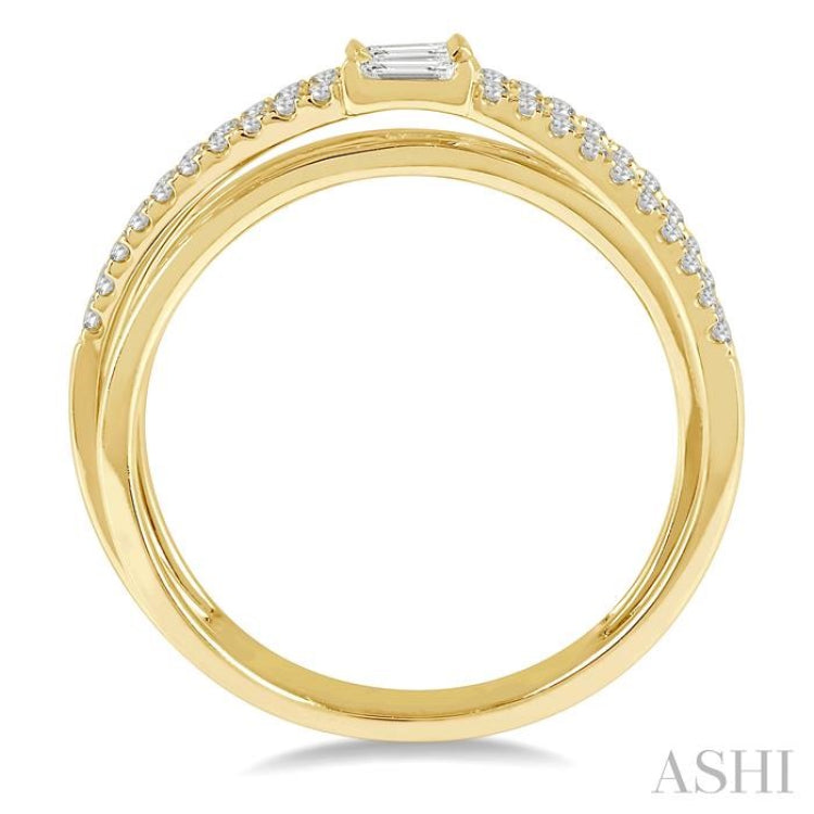 3/8 ctw Cris-Cross Baguette and Round Diamond Fashion Ring in 14K Yellow Gold