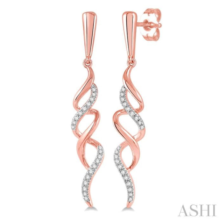 1/6 Ctw Ribbon Swirl Round Cut Diamond Long Earring in 10K Rose Gold