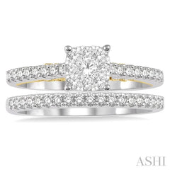 5/8 Ctw Lovebright Diamond Wedding Set With 1/2 Ctw Cushion Shape Engagement Ring 14K White and Yellow Gold & 1/6 Ctw Wedding Band in 14K White Gold