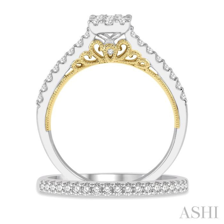 5/8 Ctw Lovebright Diamond Wedding Set With 1/2 Ctw Cushion Shape Engagement Ring 14K White and Yellow Gold & 1/6 Ctw Wedding Band in 14K White Gold