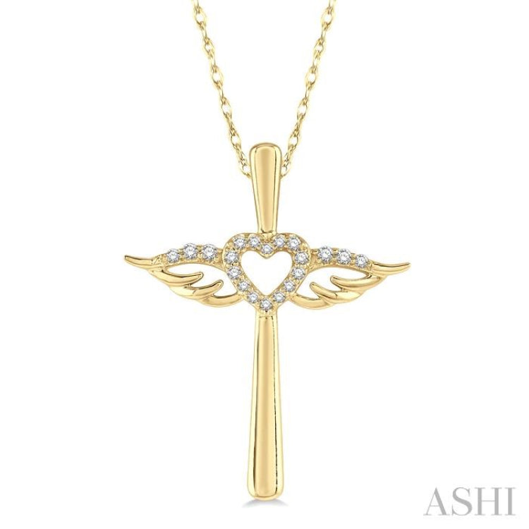 1/10 Ctw Angel Wing & Heart Round Cut Diamond Cross Pendant With Chain in 10K Yellow Gold