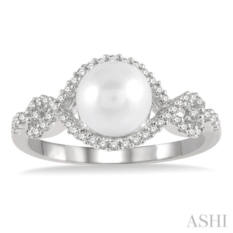 7 MM Round Shape Cultured Pearl and 1/5 ctw Round Cut Diamond Twisted Open Lattice Ring in 10K White Gold