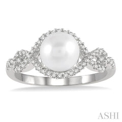 7 MM Round Shape Cultured Pearl and 1/5 ctw Round Cut Diamond Twisted Open Lattice Ring in 10K White Gold