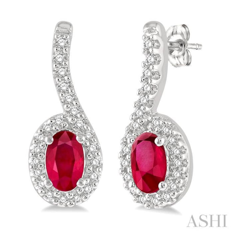 1/6 Ctw Hanging Arm 5x3 MM Oval Cut Ruby and Round Cut Diamond Precious Earring in 10K White Gold