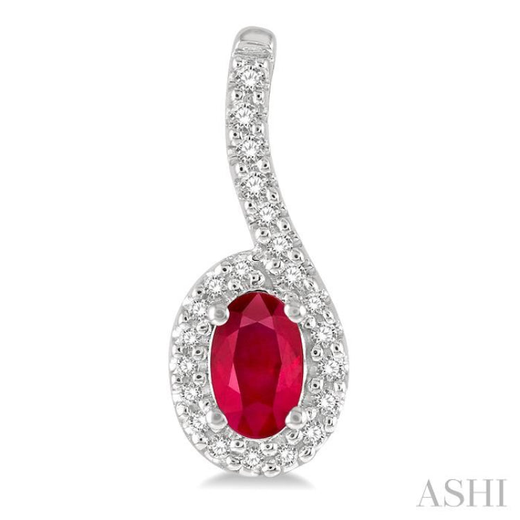 1/6 Ctw Hanging Arm 5x3 MM Oval Cut Ruby and Round Cut Diamond Precious Earring in 10K White Gold