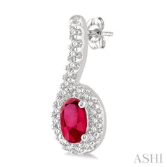 1/6 Ctw Hanging Arm 5x3 MM Oval Cut Ruby and Round Cut Diamond Precious Earring in 10K White Gold