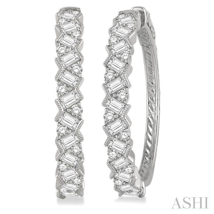 2 Ctw Zigzag Baguette and Round Cut Diamond Hoop Earrings in 14K White Gold