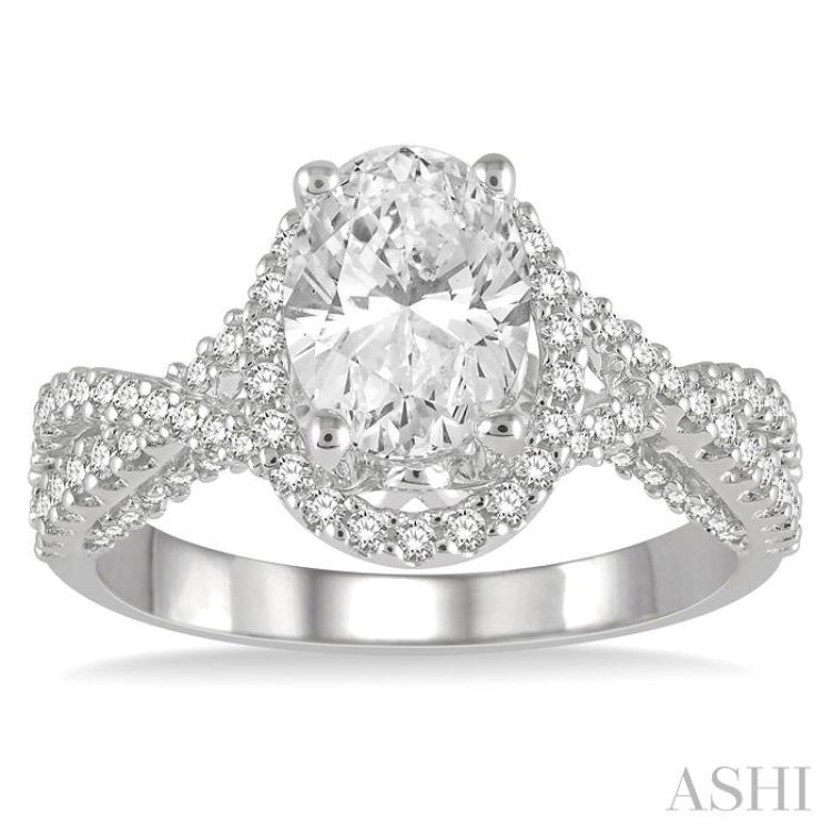 1/2 ctw Crisscross Shank Oval Semi-Mount Round Cut Diamond Engagement Ring in 14K White Gold