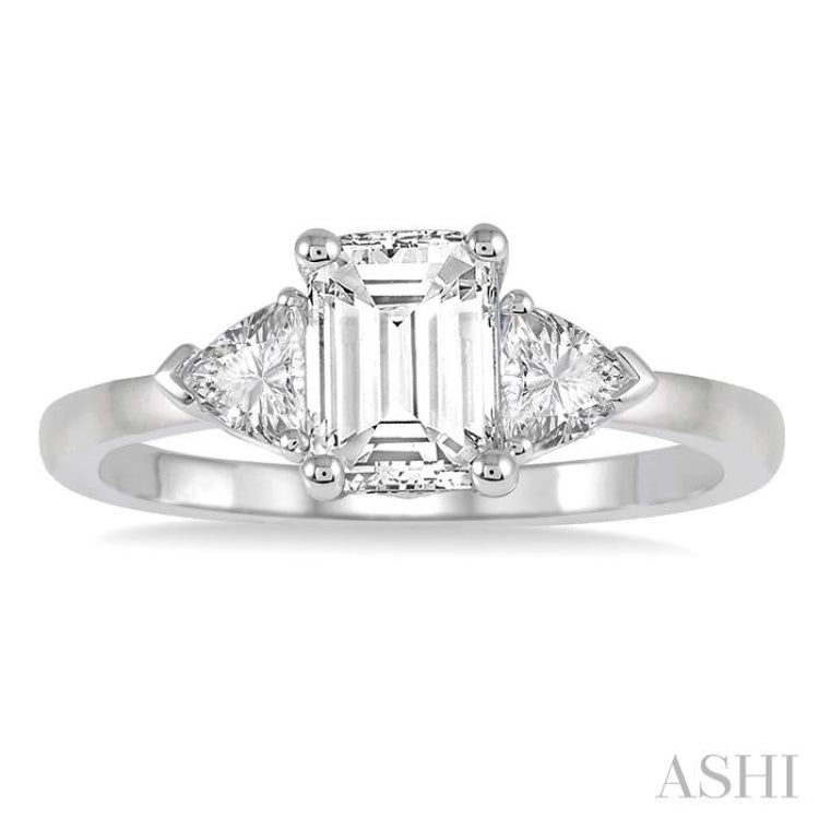 3/4 ctw Emerald and Triangle Cut Diamond Ladies Engagement Ring with 1/2 Ct Emerald Cut Center Stone in 14K White Gold