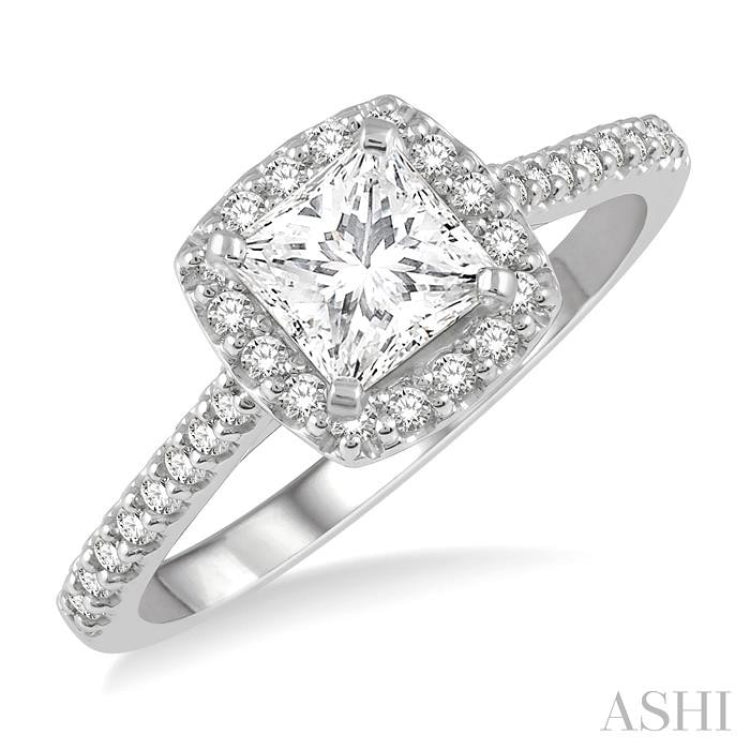 1 Ctw Cushion Shape Round Cut Diamond Engagement Ring With 3/4 Princess Cut Center Stone in 14K White Gold