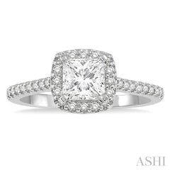 1 Ctw Cushion Shape Round Cut Diamond Engagement Ring With 3/4 Princess Cut Center Stone in 14K White Gold