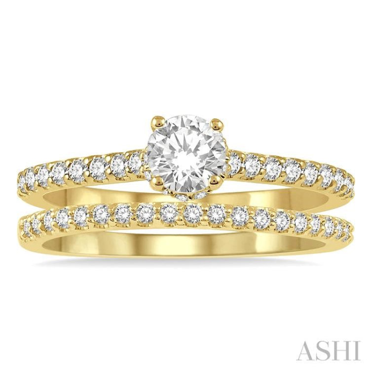 3/4 Ctw Diamond Wedding Set With 5/8 ct Round Cut Diamond Engagement Ring and 1/6 ct Wedding Band in 14K Yellow Gold