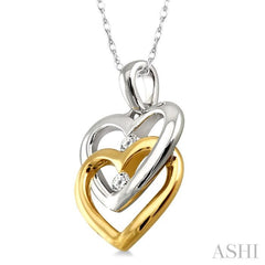 1/10 Ctw Twins Heart Round Cut Diamond Pendant in 14K White and Yellow Gold with Chain